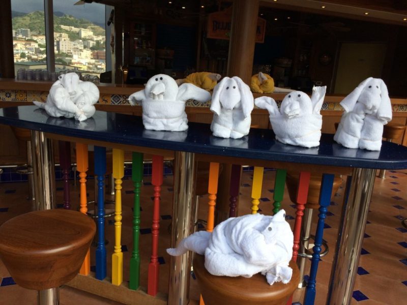 Towel animals on Carnival Horizon lido bar