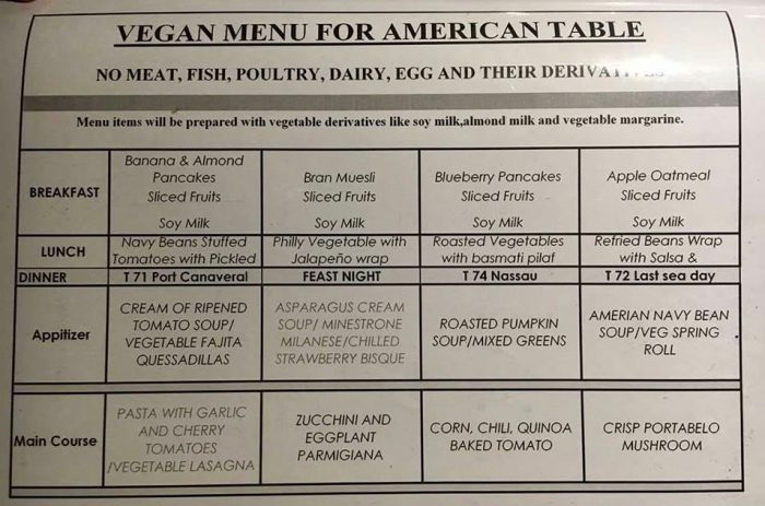 Carnival Liberty vegan menu main dining room