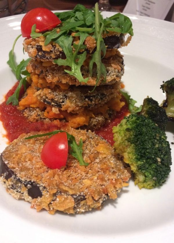 Carnival vegan eggplant parmigiana with marinara sauce & broccoli