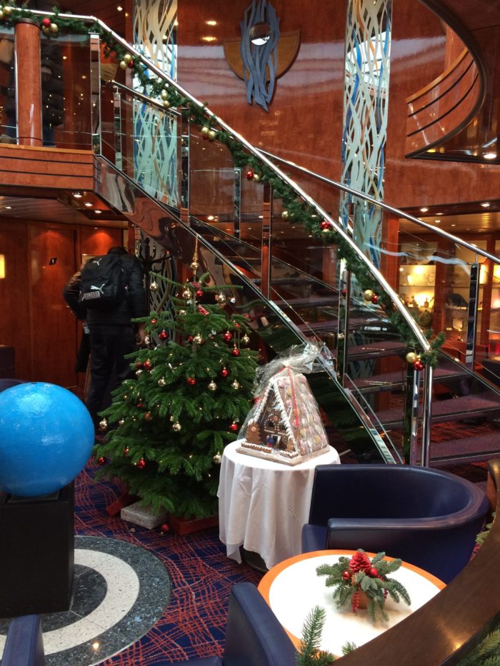 Christmas Markets river cruise ship lobby with festive decorations