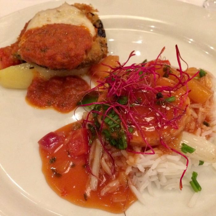 Aubergine parmigiana and sweet & sour tempeh