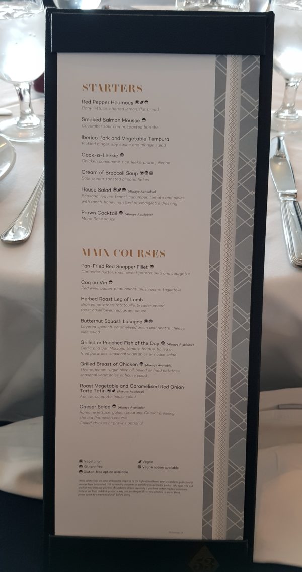 Marella 90s cruise allergen markings on menu