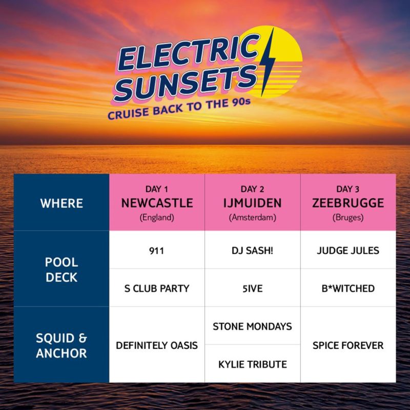 lineup timetable for Electric Sunsets 90s cruise