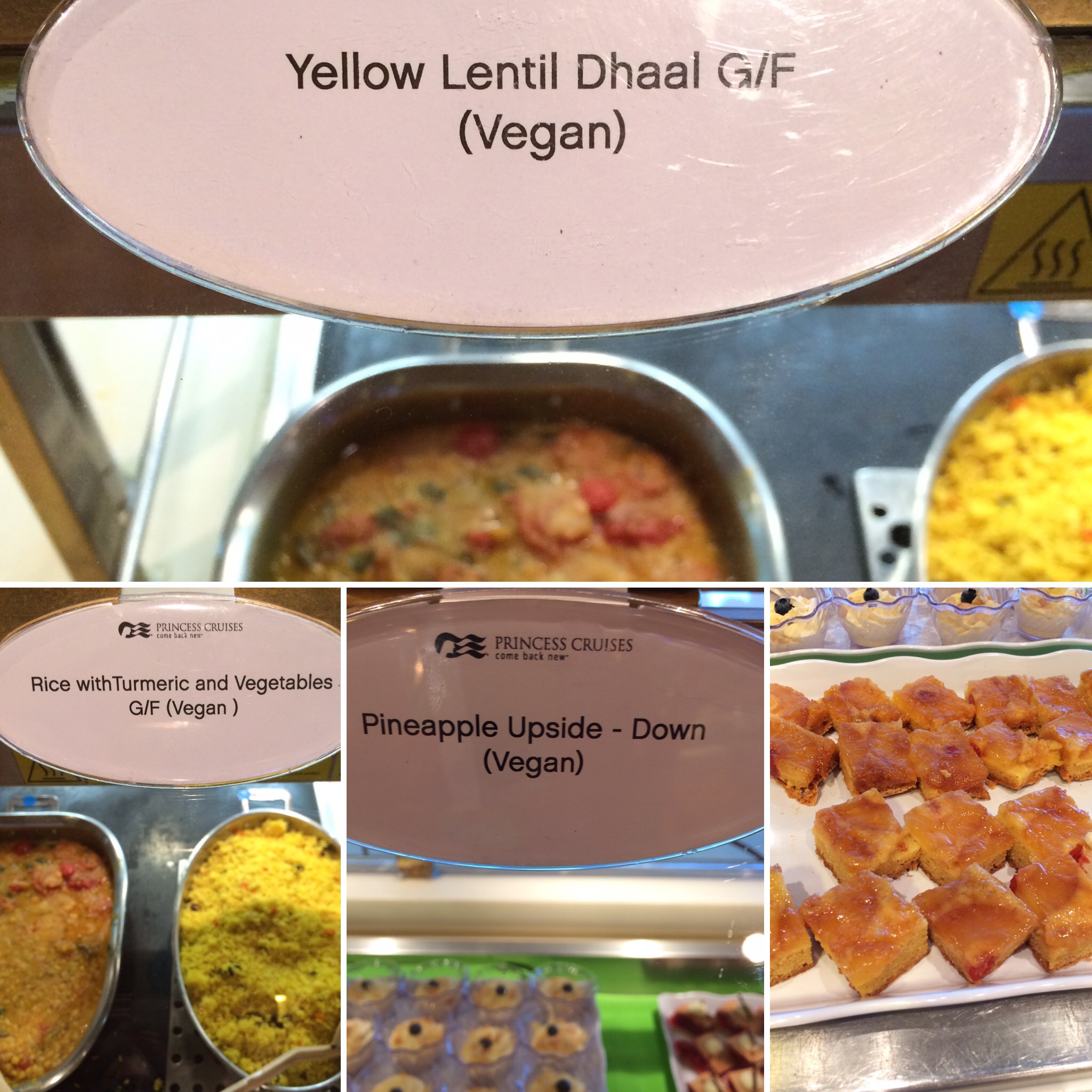 Crown Princess vegan buffet lunch options collage with pineapple cake