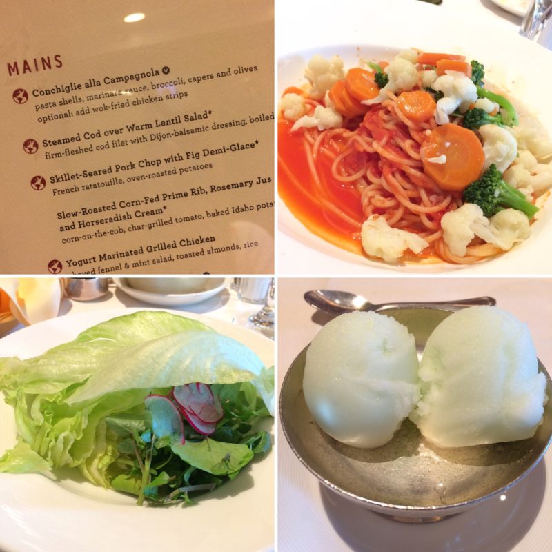 Collage of Crown Princess vegan offering main dining room day 1