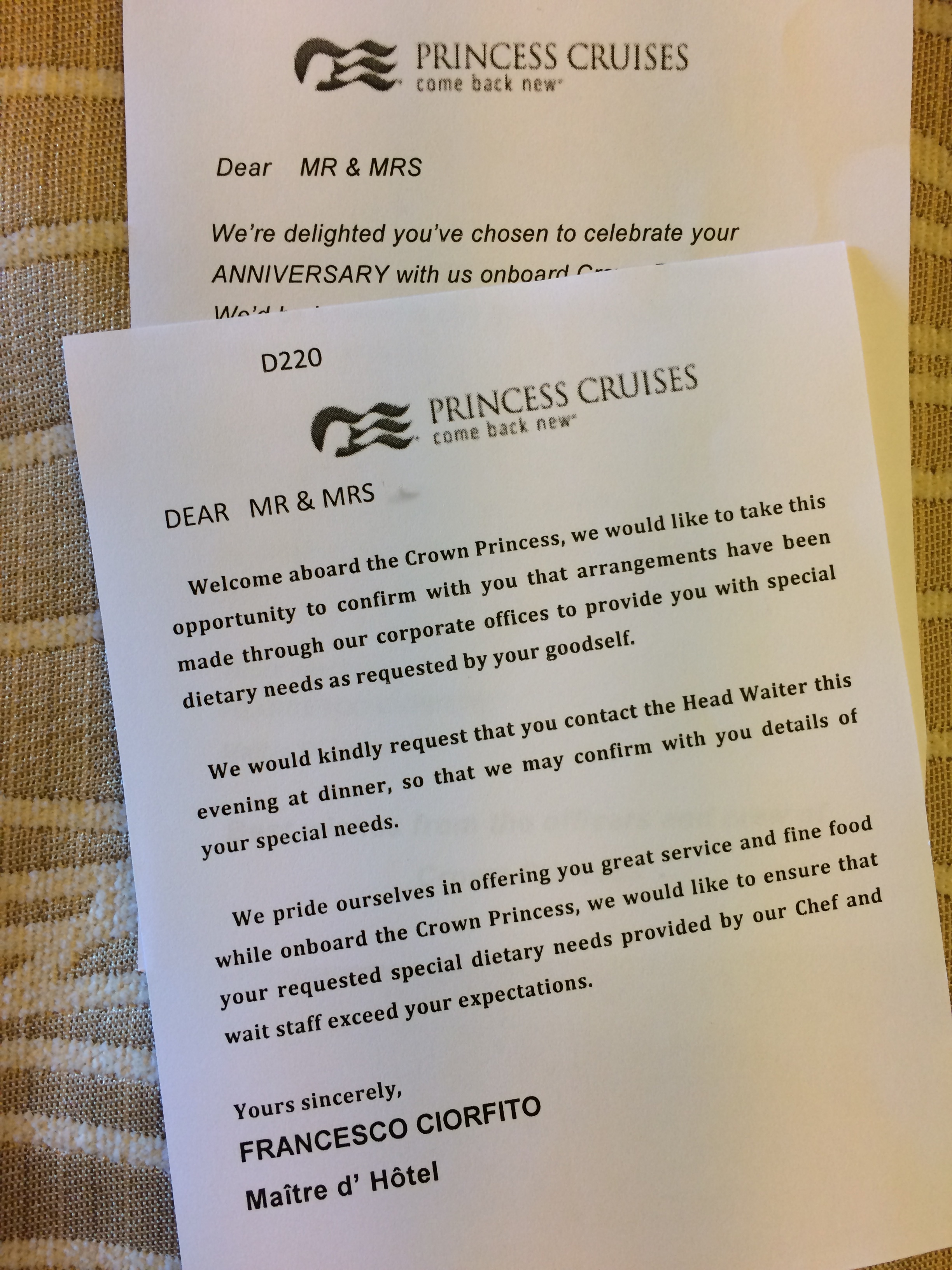 Princess Cruises dietary needs welcome letter