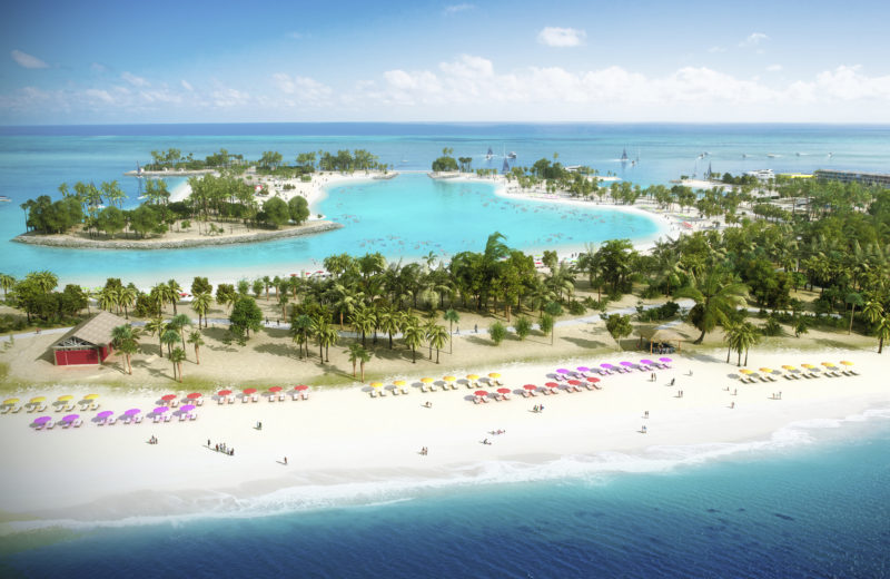 MSC Ocean Cay Marine Reserve beach drone shot style render