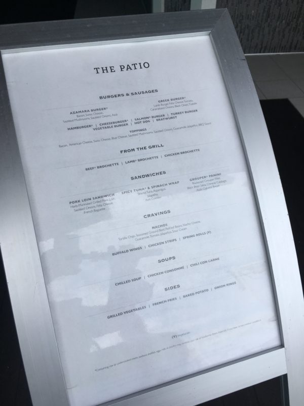 The Patio menu pool food onboard Azamara Journey