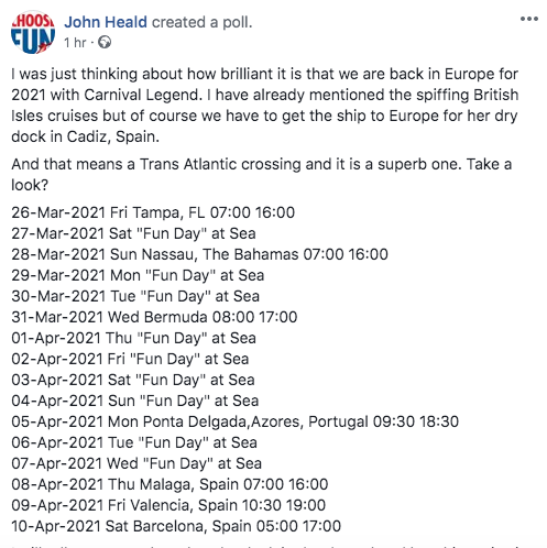 Carnival Legend Europe 2021 transatlantic timetable