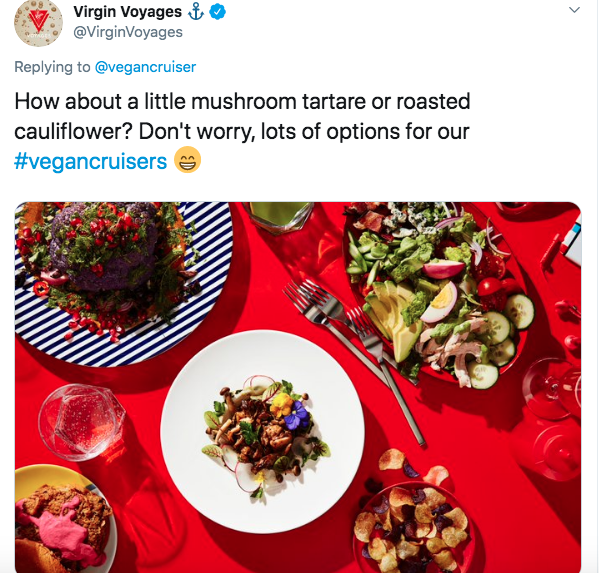 Virgin Voyages Twitter capture image for vegan food info