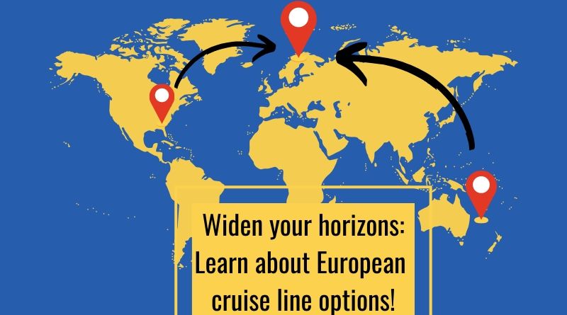 Map of the world with learn about European cruise line options text