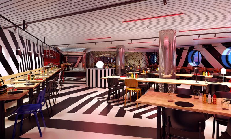 Razzle Dazzle interiors Virgin Voyages vegan food menu 