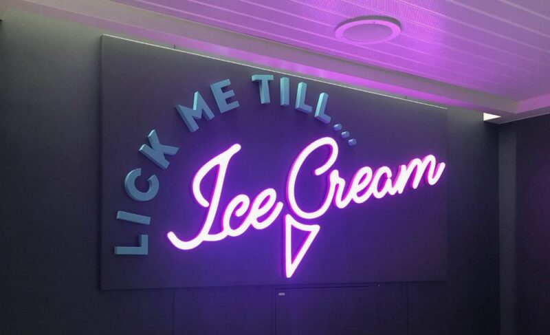 Scarlet Lady ice cream bar signage Lick me Till Ice Cream