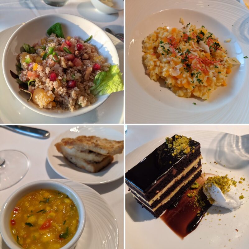 P&O Iona vegan couscous salad, butternut risotto, smoked tofu and mango salsa and chocolate & orange gateaux