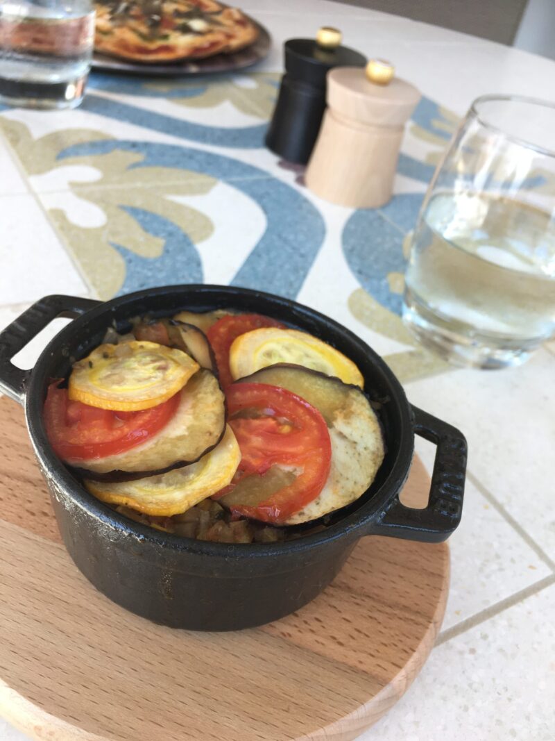Olive Grove Iona chef's choice vegan dish made up on the day, ratatouille in a iron casserole