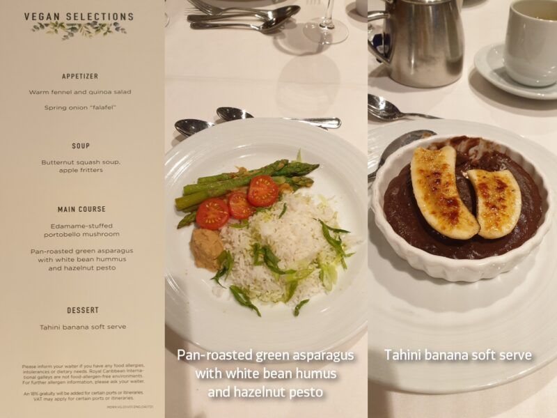 Royal Caribbean vegan menu MDR with courses pictured