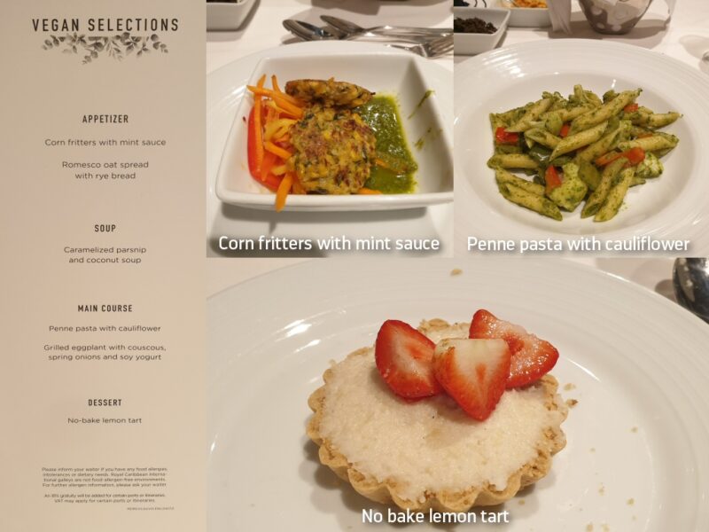 Royal Caribbean Anthem of the Seas vegan menu review with menu images and three courses