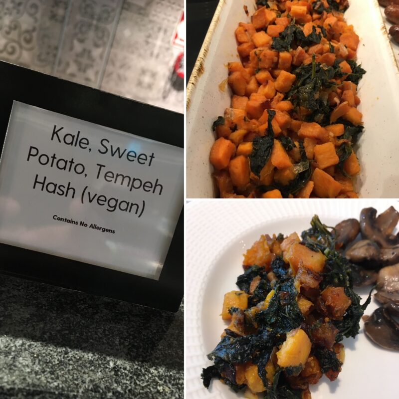 P&O Iona vegan food Marketplace buffet kale and tempeh hash